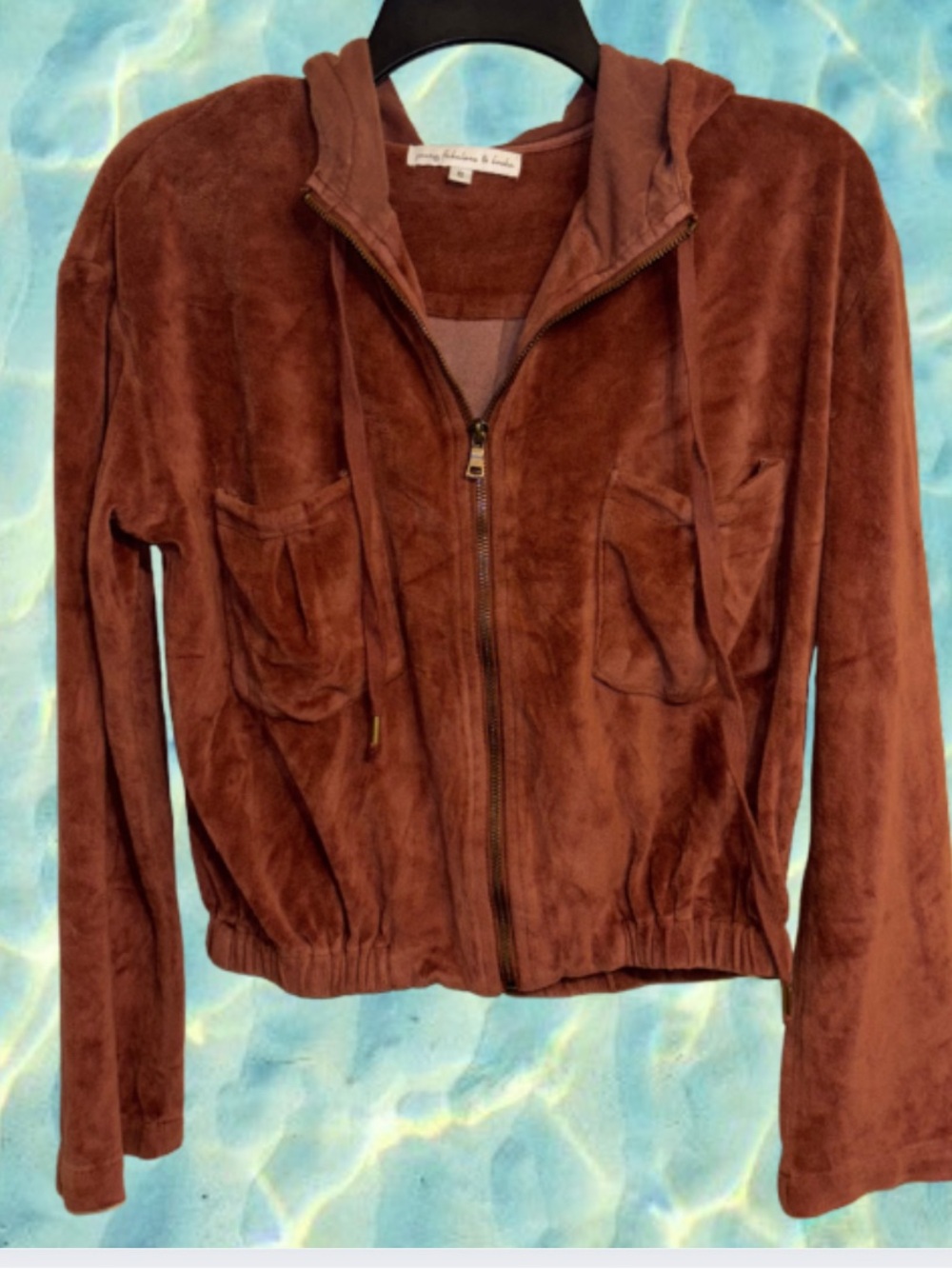 Velour Zip-Up Hooded Jacket in Chestnut Brown - Cozy Casual 1 size fits most plu